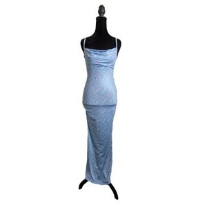 Ice Blue Spring Floral Cowl Neck Open Back Maxi Dress